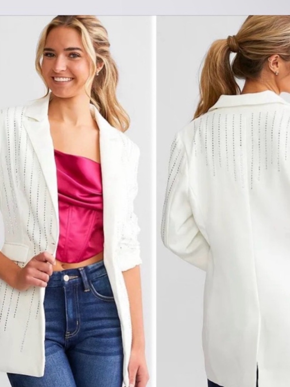 White Rhinestone-Embellished Blazer - Women’s Jacket
